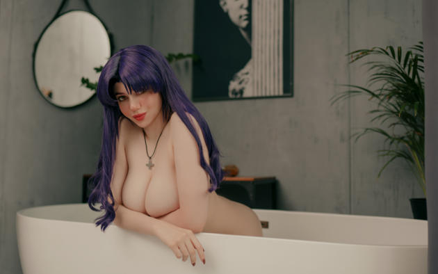 alina becker, bathtub, cleavage, hot, boobs, big tits, purple hair, nude