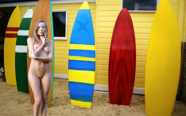 katya clover, clover, mango, caramel, mango a, brunette, outdoors, surfboards, naked, boobs, tits, nipples, shaved pussy, hi-q, surfboard, surf board