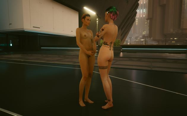 cyberpunk, cyberpunk 2077, photomode, no effects, nude, ass, tattoo, dark, tits