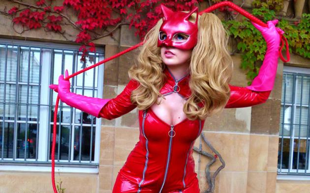 panther cosplay, curvy, sexy lady, blonde, wig, red, pvc, gloves, erotic, fetish babe, ann tamaki, cosplay, masked
