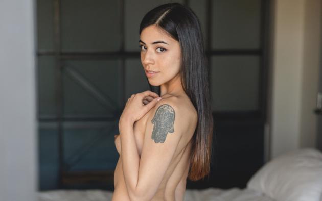 mercurymei, suicide girls, smiling, tits, nipple, boobs, small boobs, back, sexy, brunette