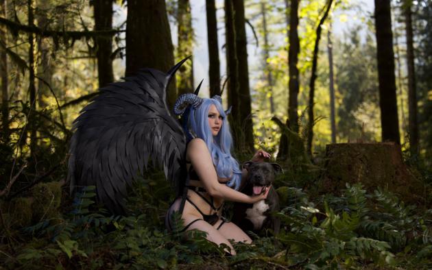 mia malkova, dog, horns, wings, cosplay, boobs, forest