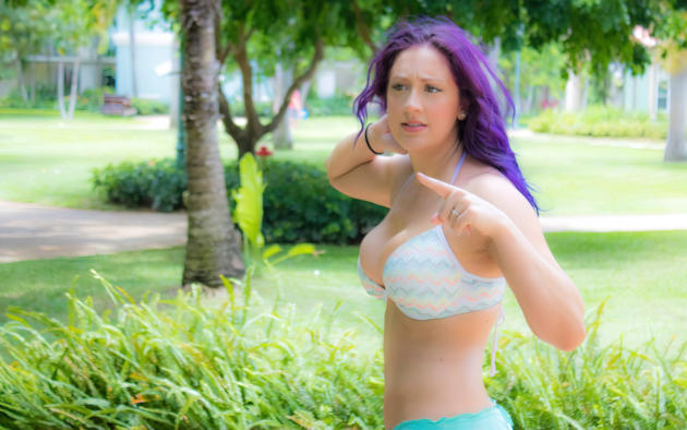 bikini, babe, purple hair, cleavage, big tits, girl, sexy, busty