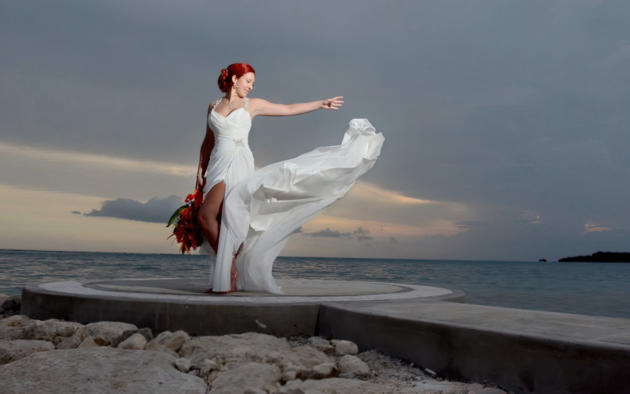 bride, red hair, wedding dress, beach, flowers, legs, feet, ocean, sea