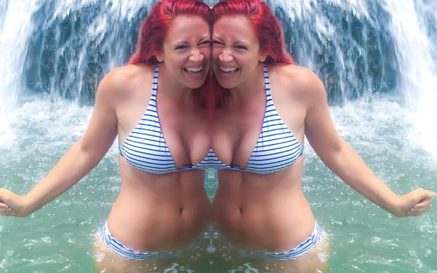 red hair, big tits, cleavage, babe, sexy, girl, bikini, waterfall, lagoon, smile, beach