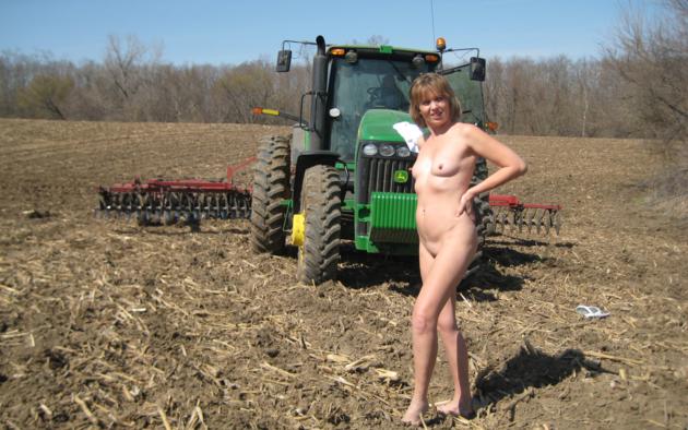 girl, nude, tractor, outdoor