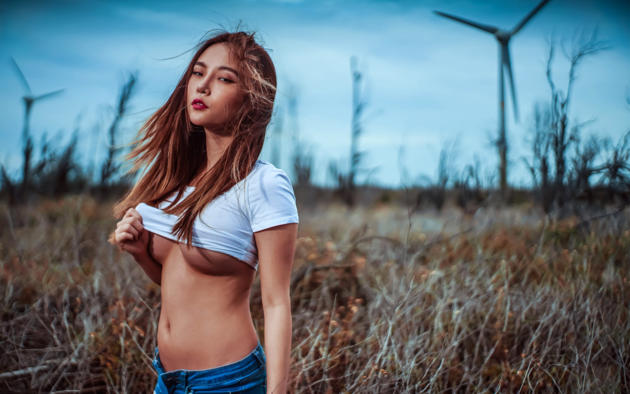 topless, long hair, sexy, outdoor, jenny suen, boobs, tits, tanned, field, underboob
