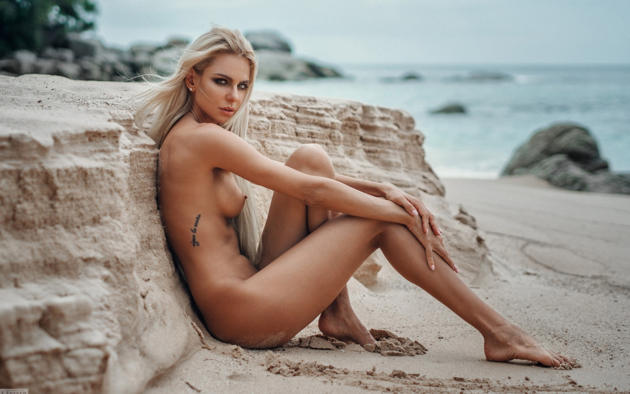 blonde, beach, nude, sand, tattoo, tits, tanned, legs, sea, liza