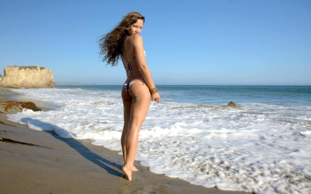 brunette, bikini, sand, sea, beach, ass