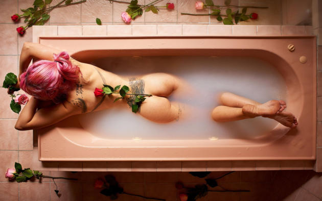 bathtub, tattoo, ass, wet, bathroom, rose, flowers, milk, pink hair