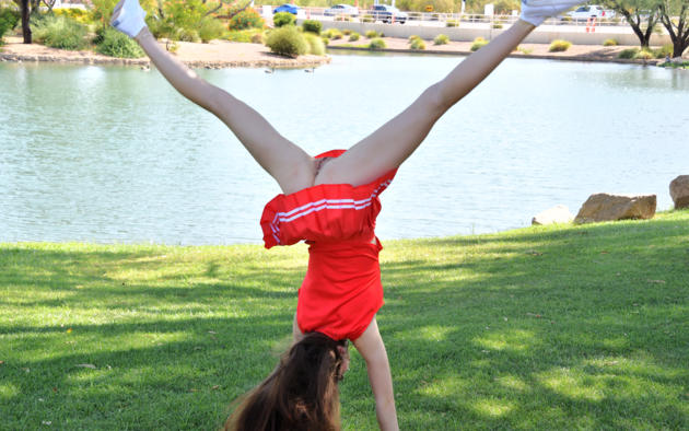 tori, brunette, outdoors, river, skirt, bottomless, handstand, naked, shaved pussy, labia, ass, spread legs, running shoes, hi-q