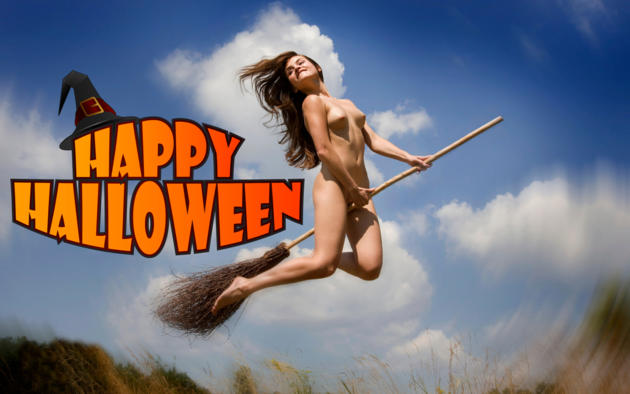 halloween, witch, broom, naked, boobs, tits, nipples, smile, hi-q