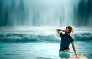 bikini, surf board, red-haired, redhead, water, sea, beach