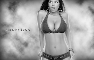 brenda lynn, model, brunette, fog, big tits, black and white