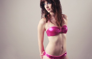 red-haired, bikini, sexy babe, shiny brownette, susan coffey, brunette, pink, shiny, top, panty, grey eyes, non nude