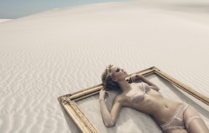 lingerie, sand, desert, panties, frame, blonde