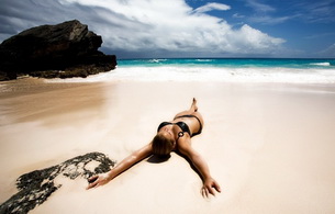 sand, wet, bikini, beach, sea, rocks, lying