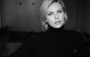 сharlize theron, blonde, actress, black and white, sexy, long hair