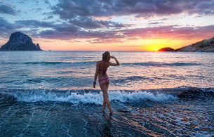 bikini, tattoo, beach, sunset, sea, isle, waves, ass