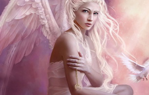 blonde, angel, wings, fantasy