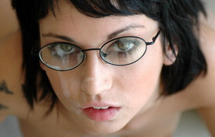 face, cum, cum on face, brunette, sperm, glasses, short hair, riley mason