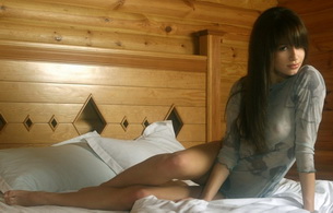 asian, brunette, wood bed, bed