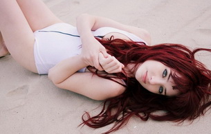 red-haired, swimsuit, susan coffey, redhead, grey eyes, non nude, beach