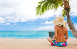hat, bikini, laptop, beach, sea, palm, tropics