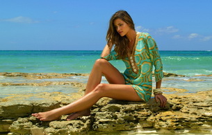 ana beatriz barros, model, latino, long legs, beautiful female legs, sea, outdoor, brunette, beach, rocks, dressed