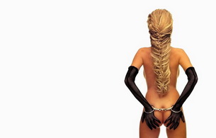 erotic, sexy, nude, ass, long hair, butt, handcuffs, black, fishnet, gloves, erotic art, tied, submissive, fetish, blonde, long hair, minimalist wall, nice rack, ass, hairstyle