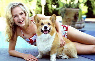 julie benz, actress, dog, blonde, happy, smile, dress