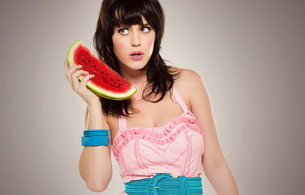 katy perry, brunette, singer, dress, watermelon