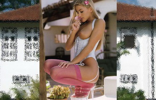 blond, pink, stockings, garterbelt, boobs, heels, courset