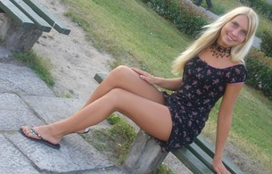 sexy, blonde, girl, sweet, smile, beautiful female legs, hips, ordinary girl, dress, long hair, view, look, bench
