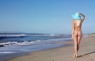 beach, nude, blonde, hat, sand, sea, ocean, ass, tan lines, ass shot, butt, buttocks, beauty