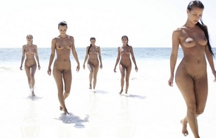 group, beach, hot, sexy, babe, nude, five, melisa mendiny, shaved, muriel, boobs, tits, nipples