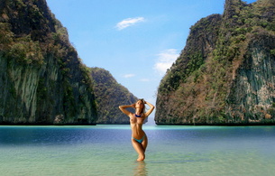 girls, tits, big, nude, naked, model, juicy, sea, lagoon, topless, panties, sea, sky, cliffs, island, scenic, view, thailand