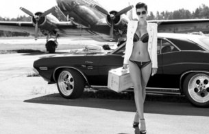 car, model, sexy, bikini, hot, plane, lingerie, glasses, black and white