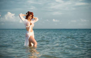 bianca beauchamp, redhead, boobs, wet, busty babe, sea, bombooclaaat, canadian, model, sexy babe, fetishqueen, heaven, clouds, erotic art, wet clothes, pin up style