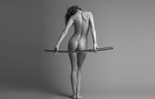 bw, sword, nude, backside, black and white