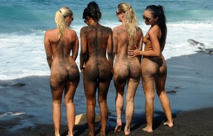 lesbians, four, black sand, ally, bailey, isabella, miela, ass, beach, sea, sunglasses, bikini pleasure, isabella chrystin