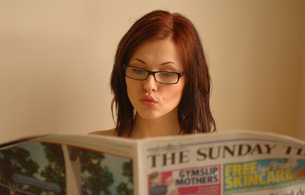 eve wyrwal, glasses, newspaper, brunette