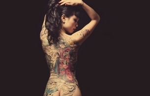 asian, tattoos, earring, women, back view, nude, sexy, simple background