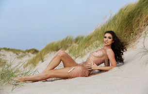 dunes, fishingnet, babe, sexy, erotic, legs, outdoor, boobs, smile, sexy eyes, sand
