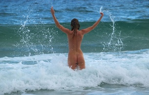 blonde, back view, ass, waves, edita s, nudist beach, nudist, naturist, splash