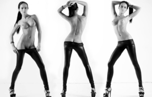 iryna bondarenko, brunette, body, figure, waist, back, chest, legs, studs, leather, black and white, playboy