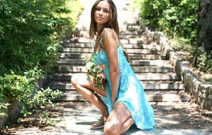 brunette, sweet, cute, sexy girl, dress, long hair, view, look, flowers, vikroriya
