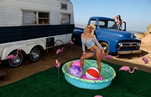 holly sampson, rachel roxxx, truck, blonde, cowgirl hat, bikinis, kiddie pool, trailer