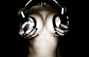 headphones, boobs bra, black and white, boobs, tits