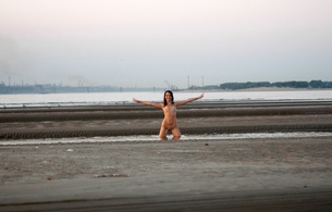 nude, brunette, tits, smile, beach